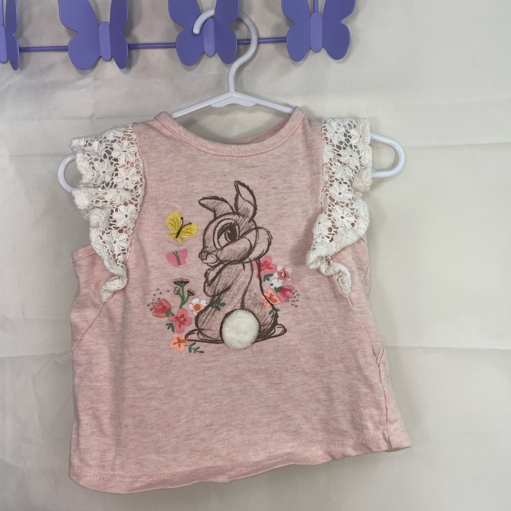 Disney baby‎ girl’s light pink cream lace embroidered ruffle sleeve bunny shirt